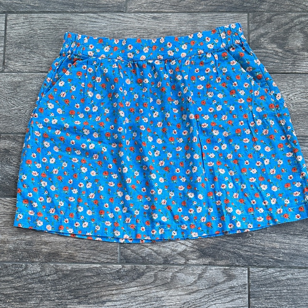 LOFT Floral Linen A-Line Mini Skirt Blue Orange Boho Summer Size L